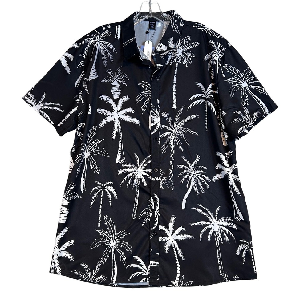 NWT Romwe Mens XXL Black White Palm Tree Print Short Sleeve Button Down Shirt